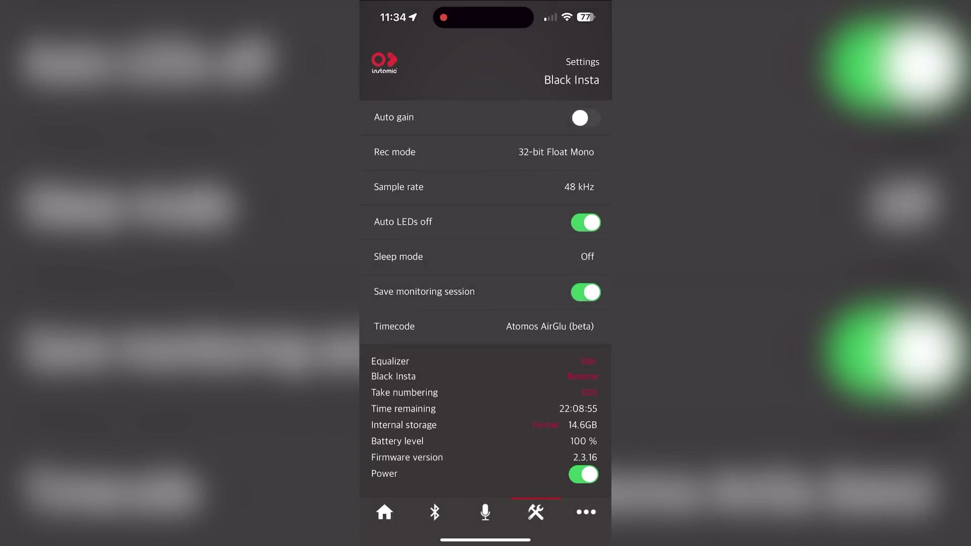 Instamic app settings with timecode set to Atomos AirGlu
