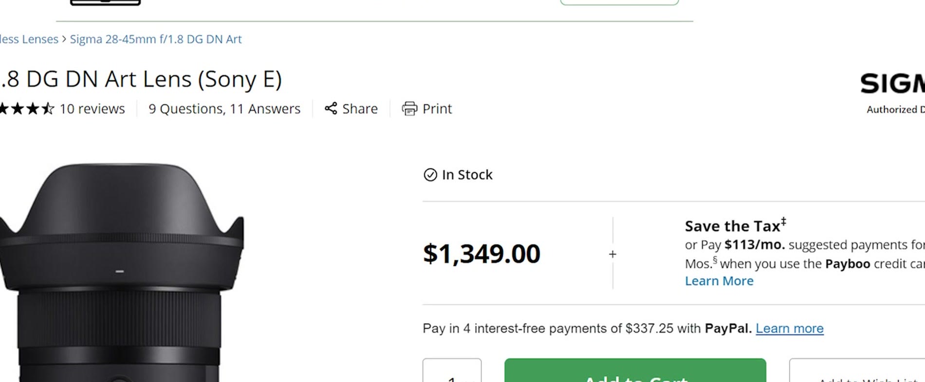 B and H product page for the Sigma 28-45mm f1.8 DG DN Art lens priced at 1349 dollars