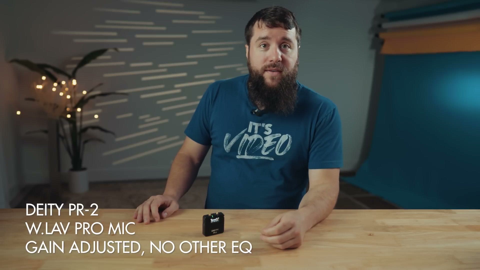 Audio test title card reading Deity PR-2 W.Lav Pro Mic gain adjusted no other EQ