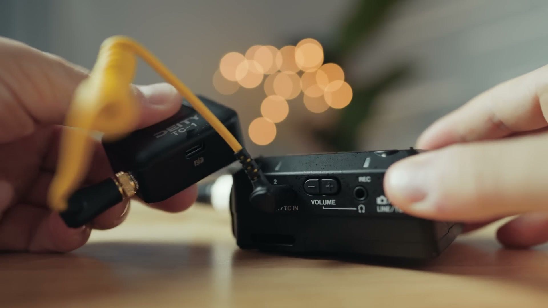 A timecode box being plugged into the Tascam FR-AV2 timecode input