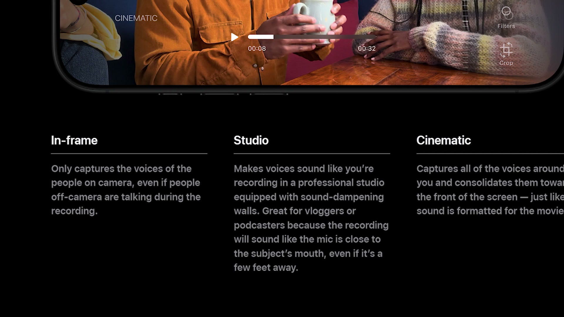 Apple page explaining the In-frame, Studio, and Cinematic Audio Mix options