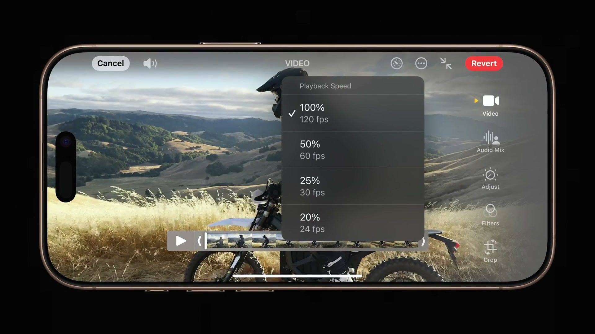 iOS Photos app playback speed menu showing 100, 50, 25, and 20 percent