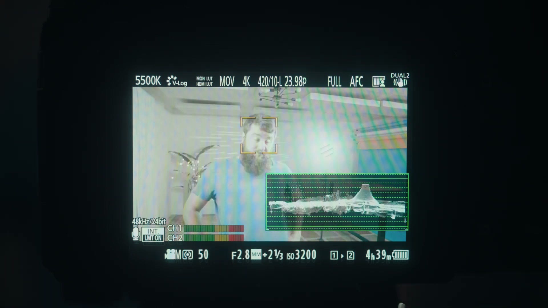 GH7 preview with the waveform monitor in the corner and metering showing plus two and one third