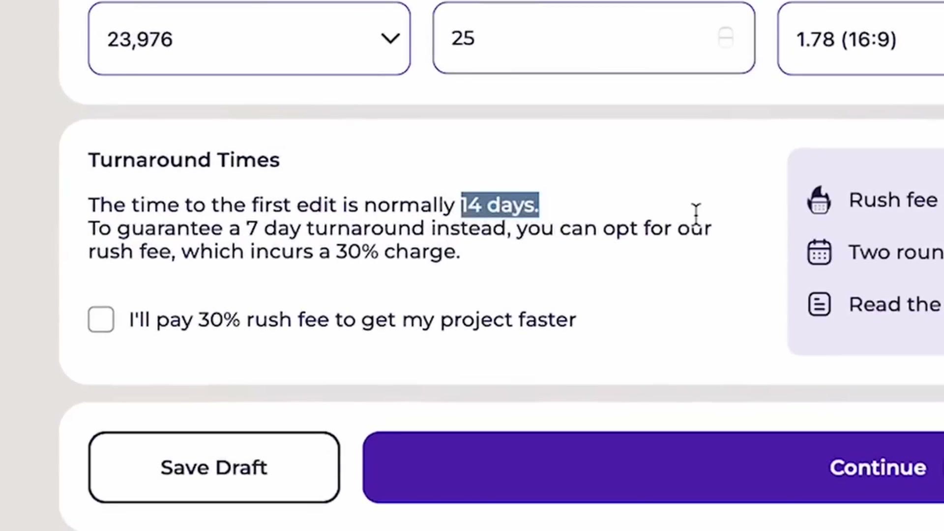 Bride and Groom Video project form showing turnaround time options
