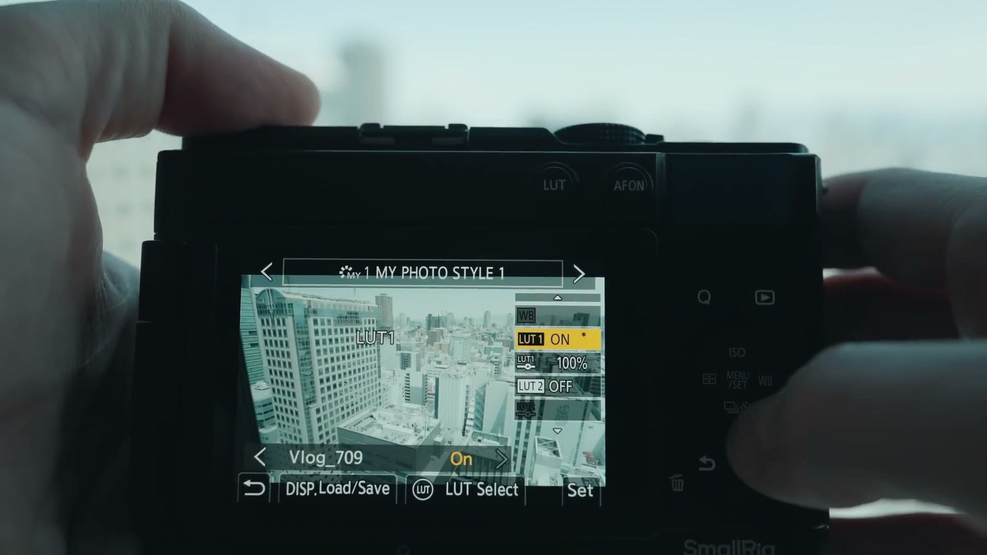 Panasonic Lumix S9 screen showing the My Photo Style menu with a LUT applied to V-Log