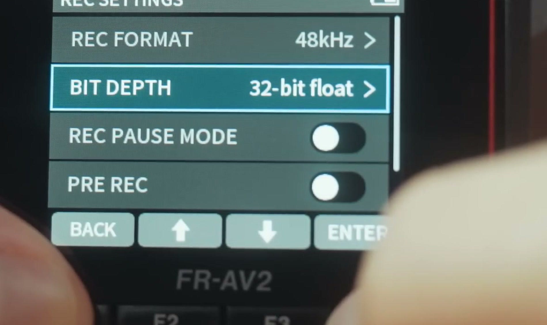 Tascam FR-AV2 record settings menu with bit depth set to 32-bit float