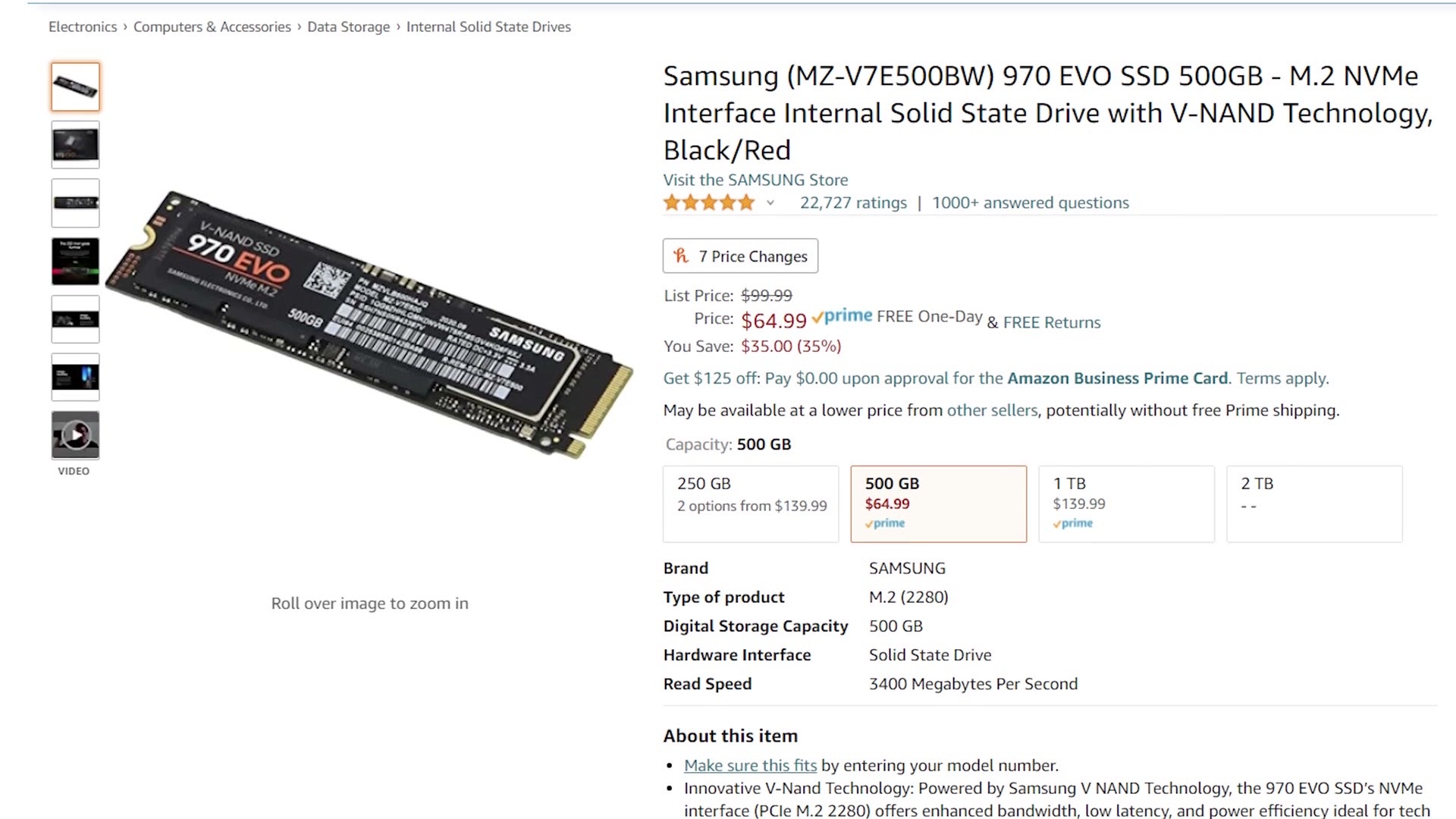 Amazon listing for the Samsung 970 EVO 500GB M.2 NVMe SSD priced at $64.99