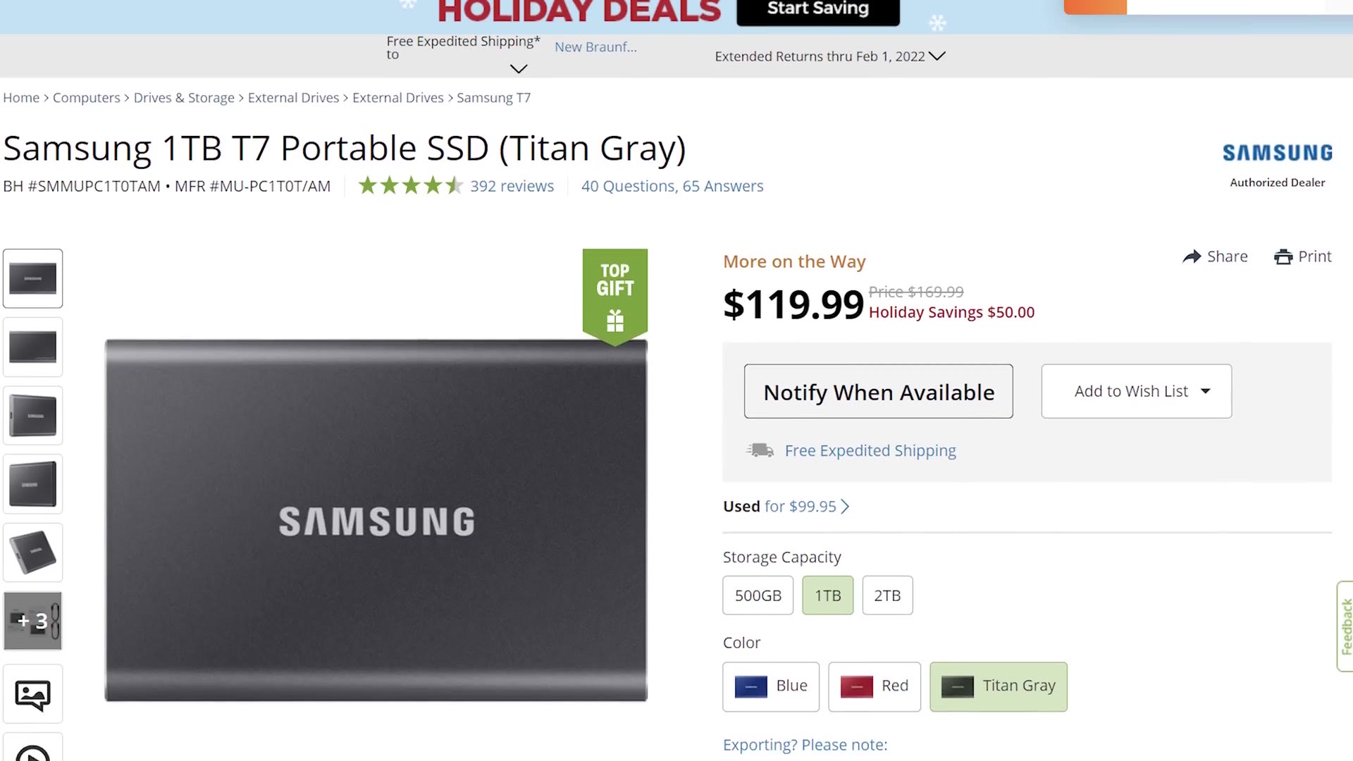 Samsung T7 portable SSD listing