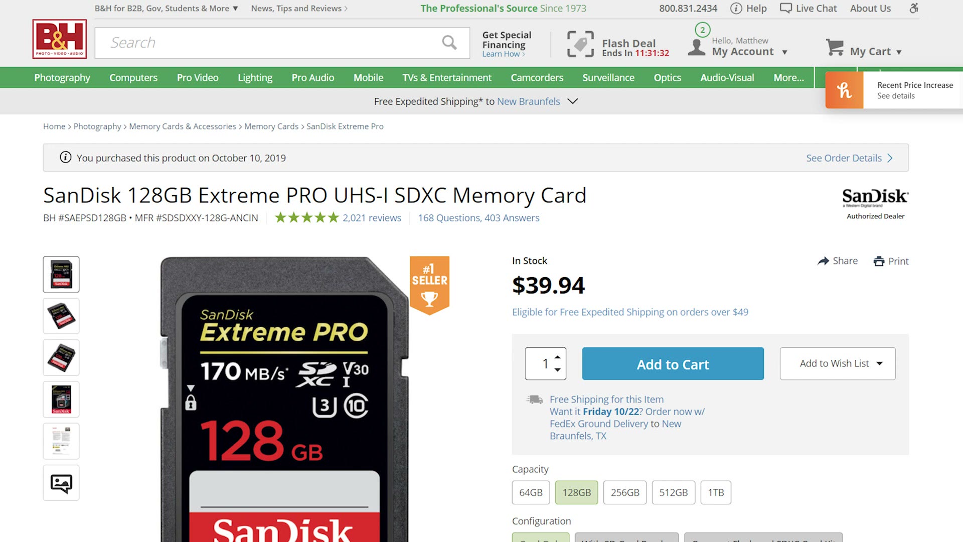 SanDisk 128GB V30 memory card listing at about forty dollars
