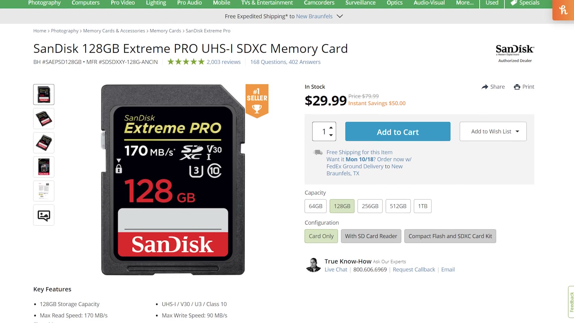 SanDisk 128GB V30 memory card listing at about thirty dollars
