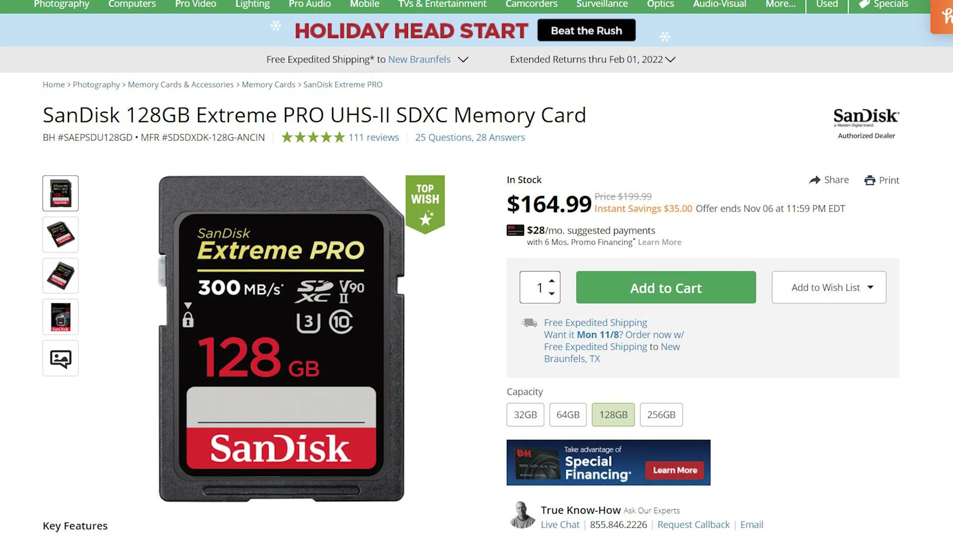SanDisk UHS-II V90 memory card listing at about one hundred and sixty five dollars