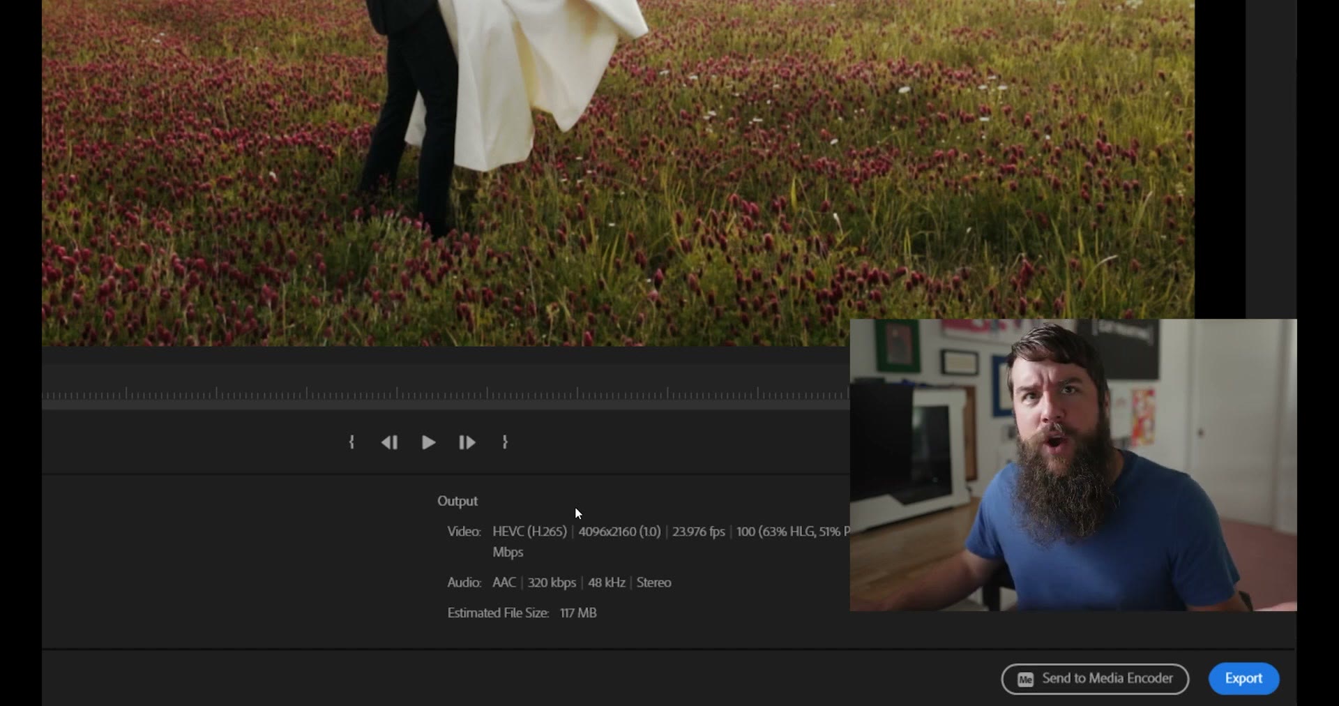 Send to Media Encoder and Export buttons with estimated file size