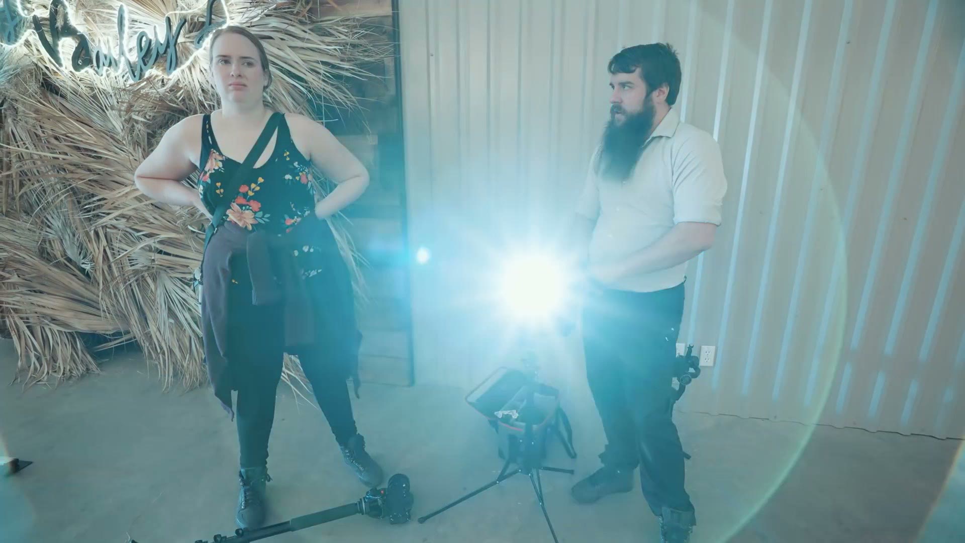 Setting up an Aputure light in the reception hall