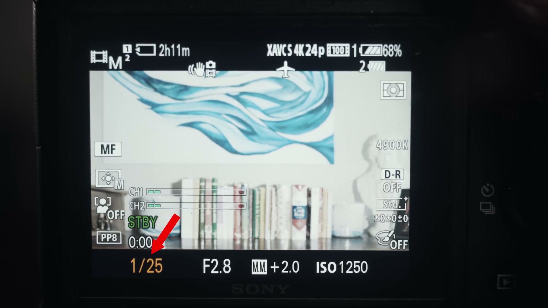 A Sony camera rear screen with the shutter speed reading 1/25 highlighted by a red arrow, at F2.8 and ISO 1250, exposure meter at plus 2.0