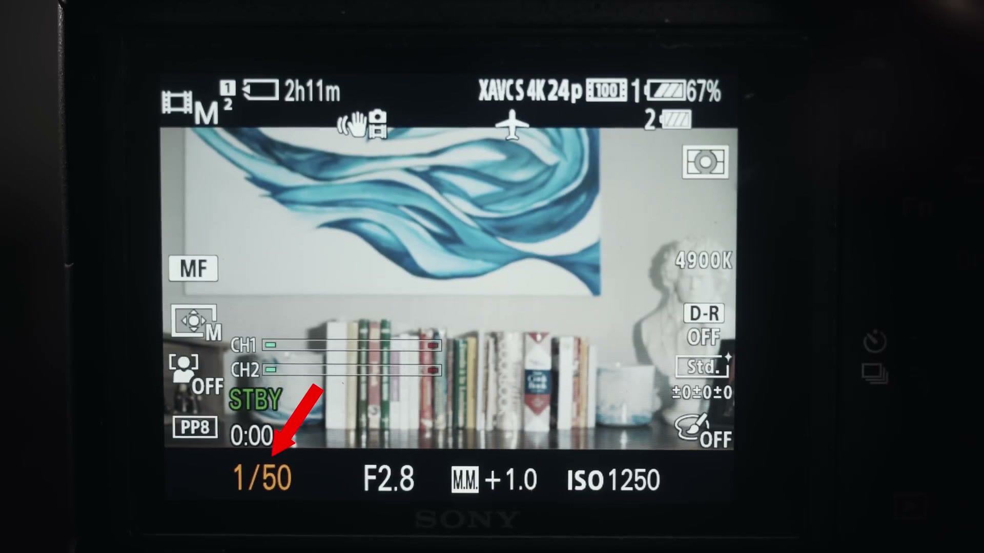 The same camera screen with the shutter speed now reading 1/50, still F2.8 and ISO 1250, exposure meter at plus 1.0