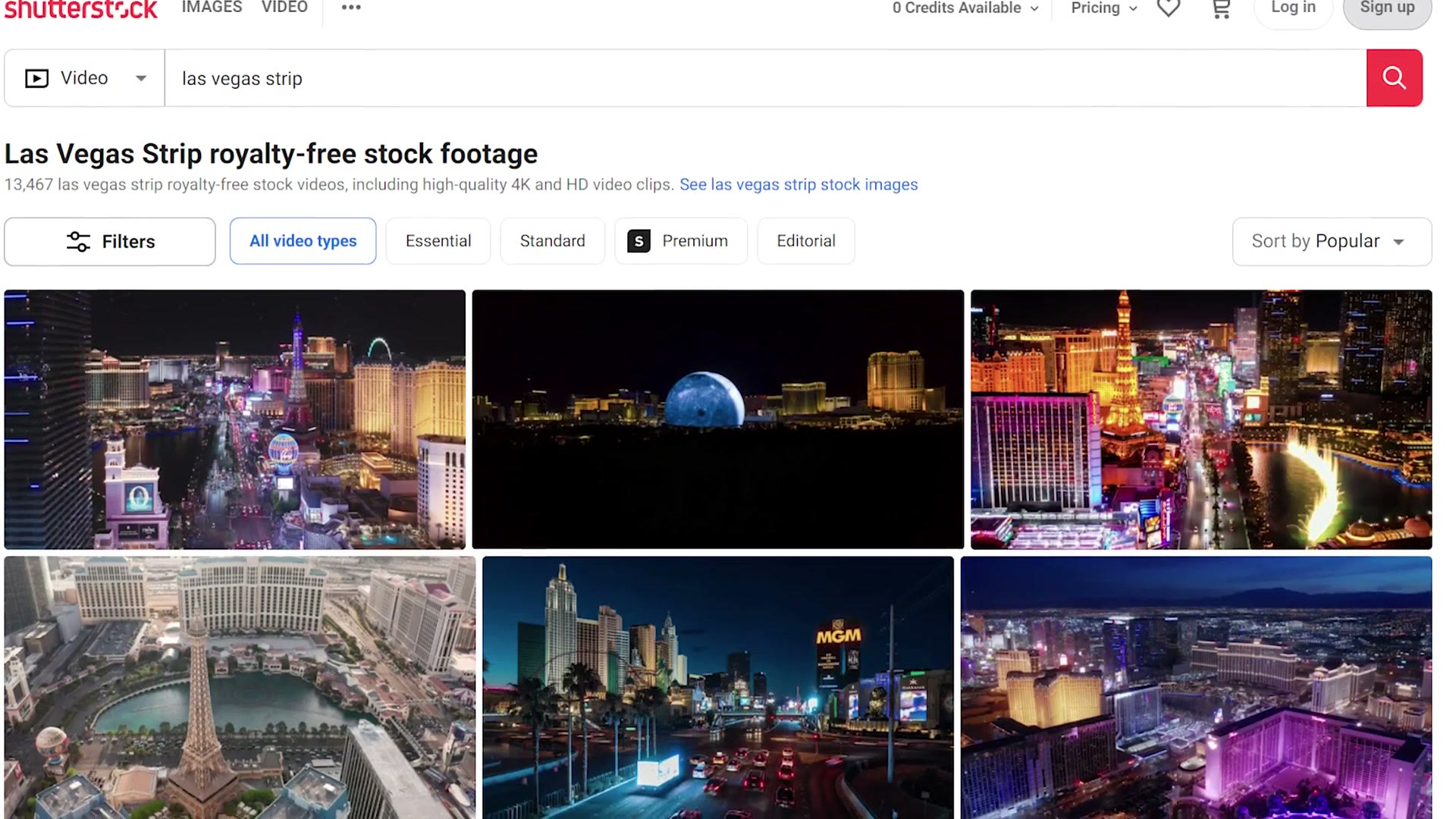Shutterstock search results showing 13,467 Las Vegas Strip stock videos