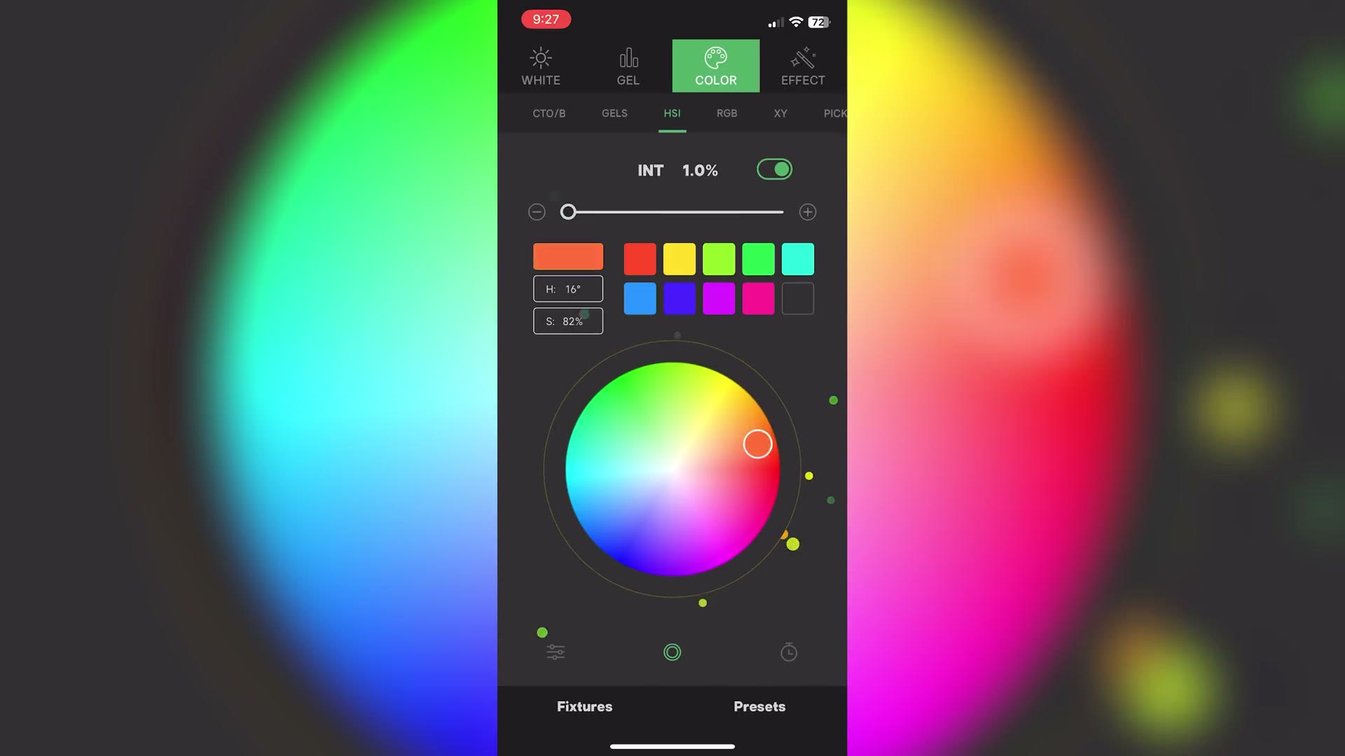 Sidus Link app color wheel controlling the MC Pro, with colored light spilling on the wall