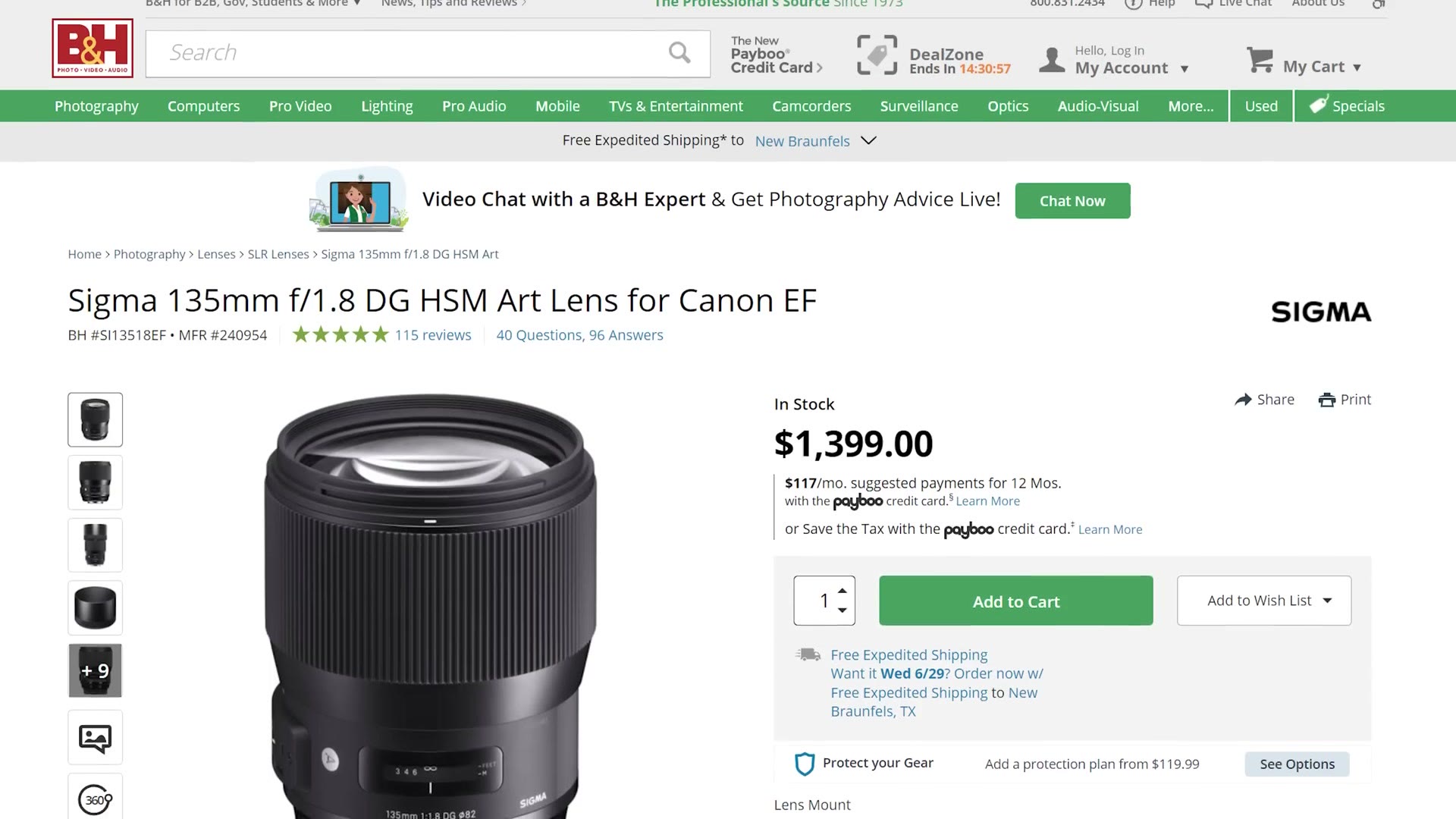 B&H product page for the Sigma 135mm f/1.8 DG HSM Art lens