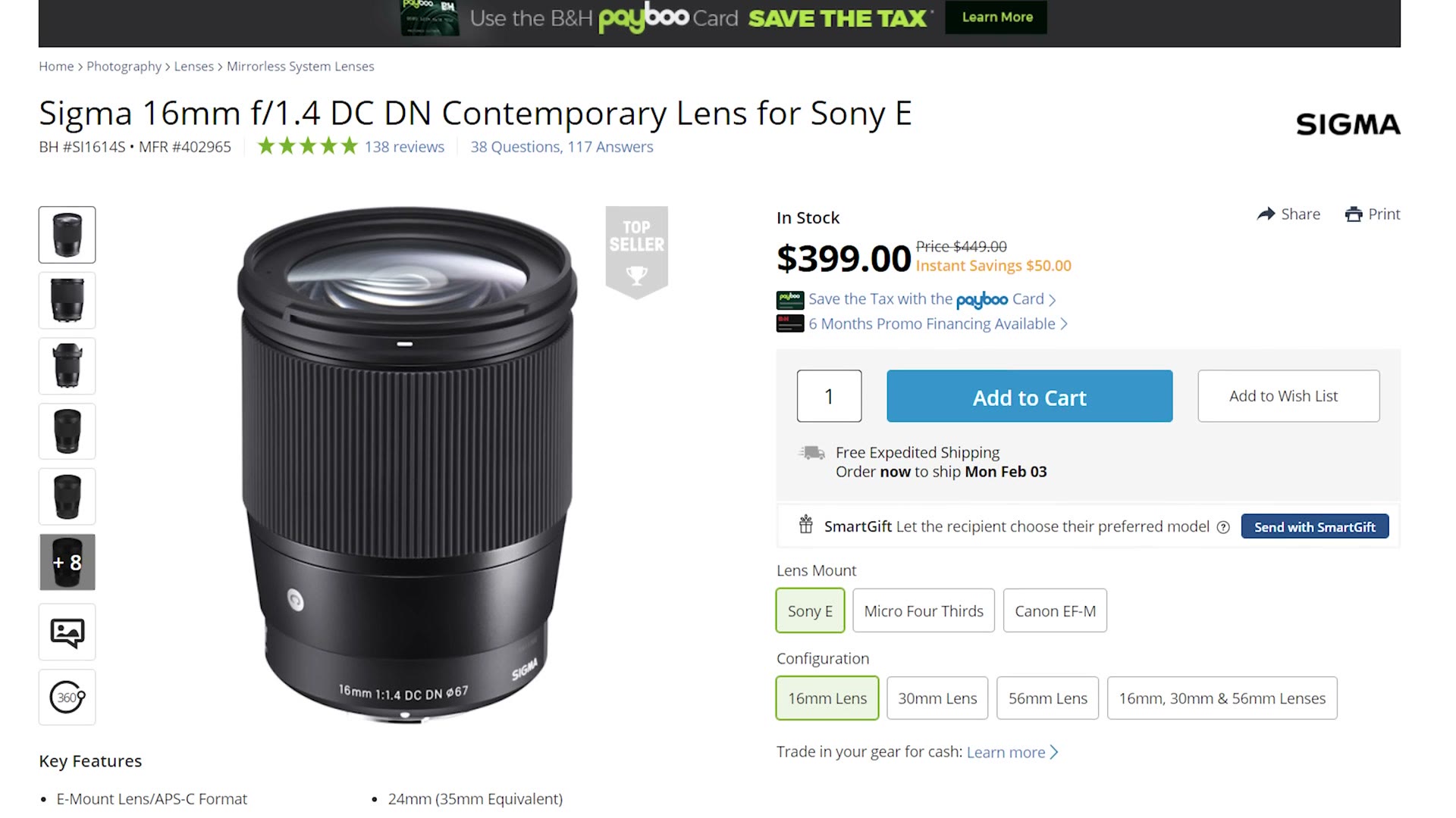 B&H product page for the Sigma 16mm f/1.4 DC DN lens for Sony E mount, with Sony E lens mount selected