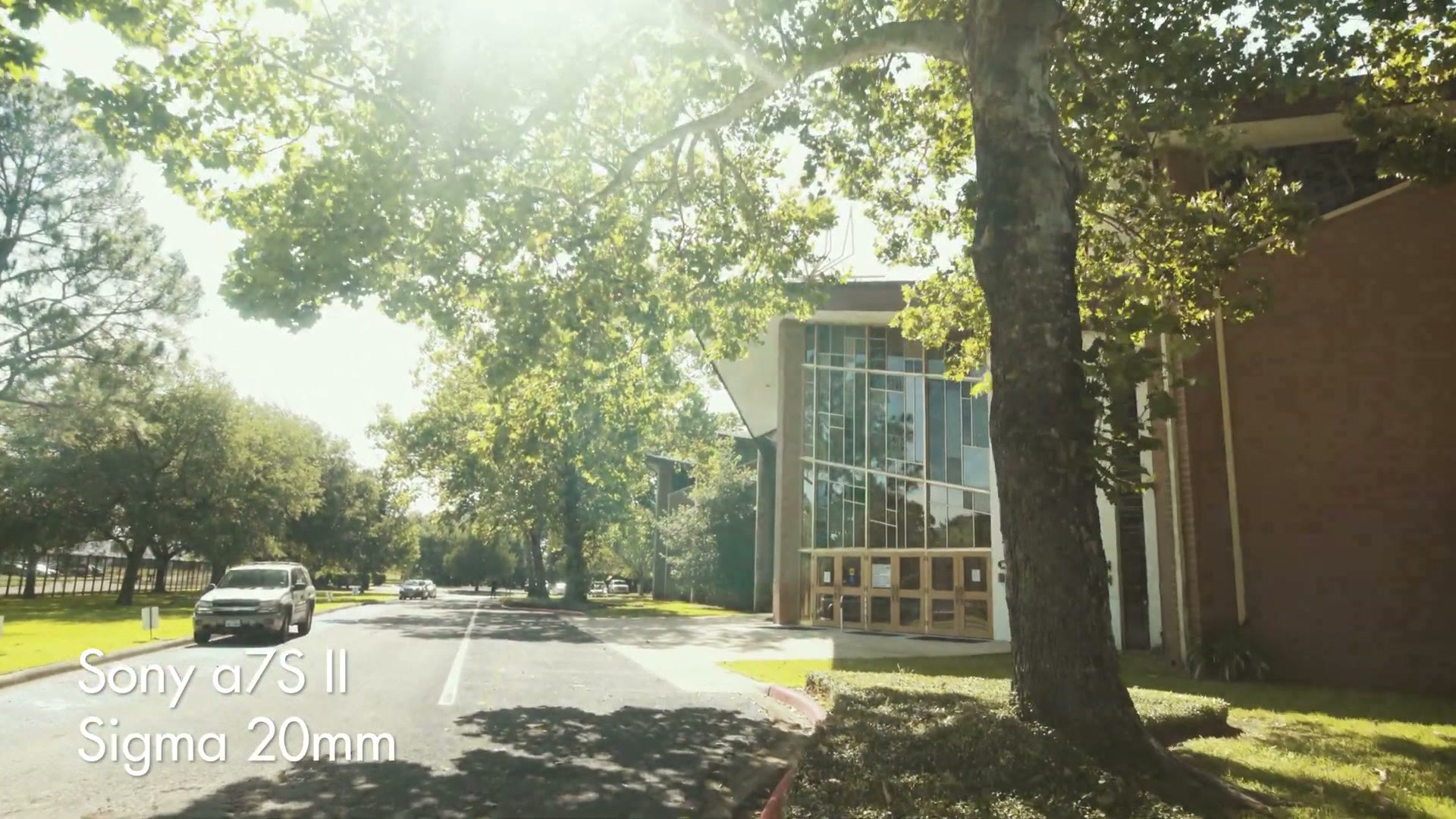 Wide gimbal shot down a tree lined street, labeled Sony a7S II with a Sigma 20mm lens