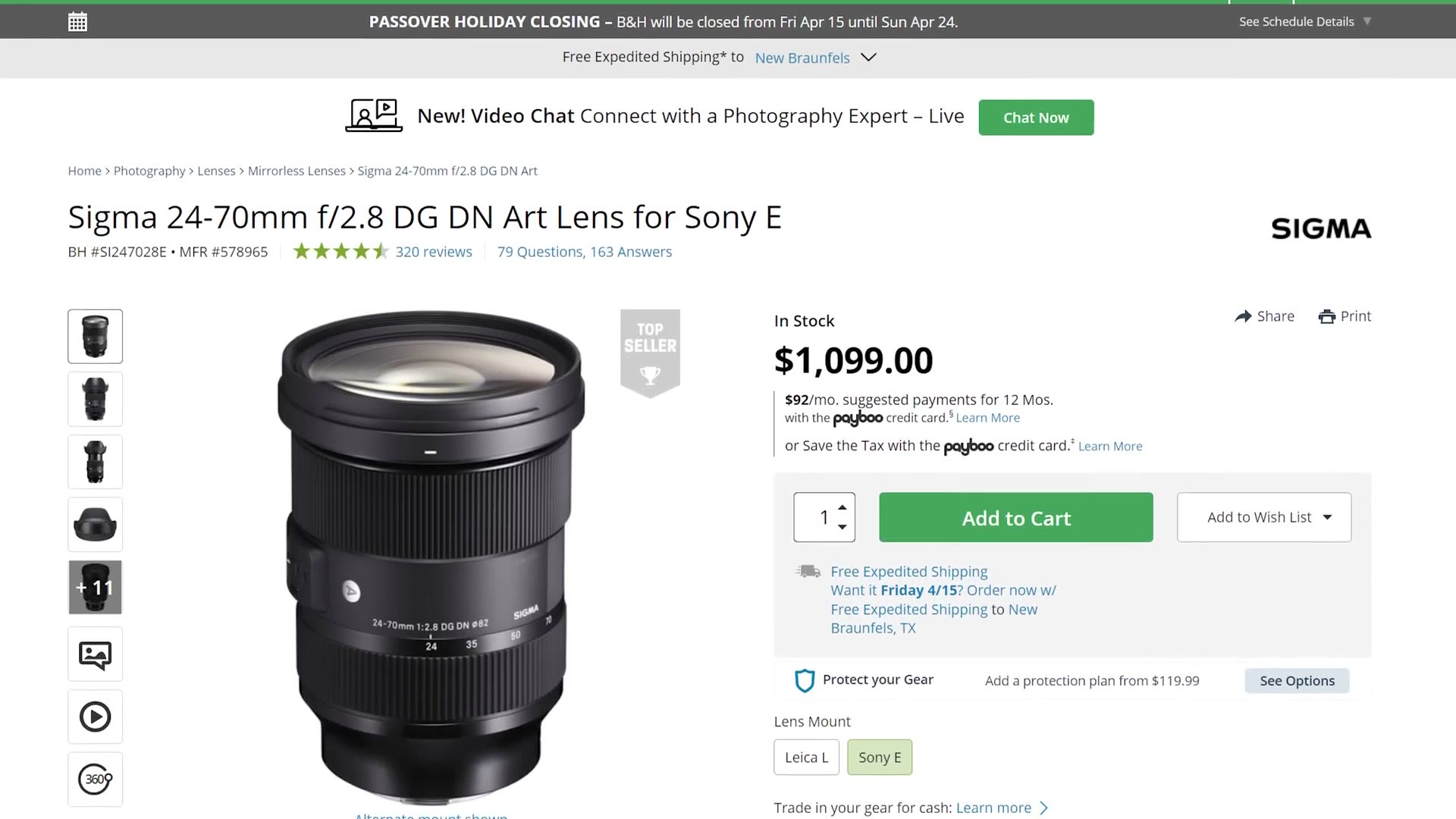 Sigma 24-70mm f/2.8 DG DN Art product page at 1099 dollars