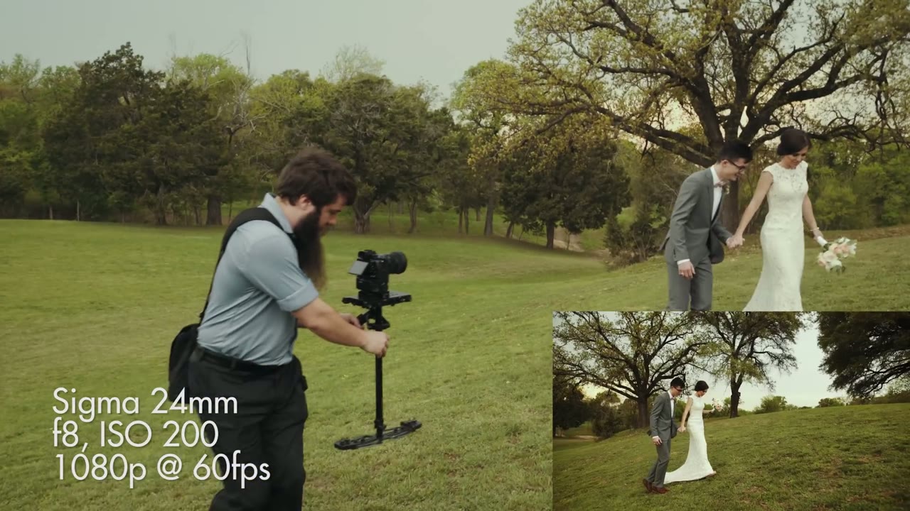 Split screen of Matt filming with a Sigma 24mm lens on a stabilizer, overlay reading f8, ISO 200, 1080p at 60fps
