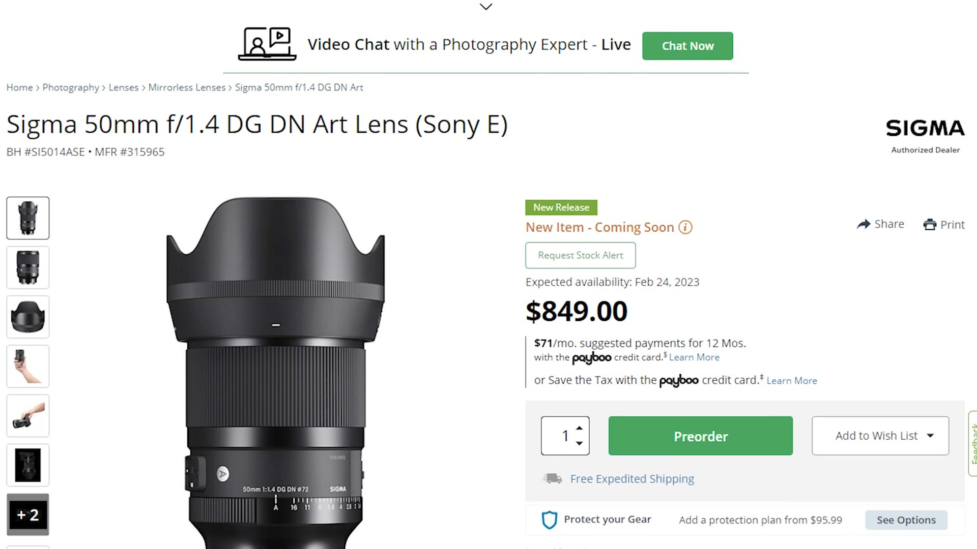 B&H product page for the Sigma 50mm f/1.4 DG DN Art lens at $849