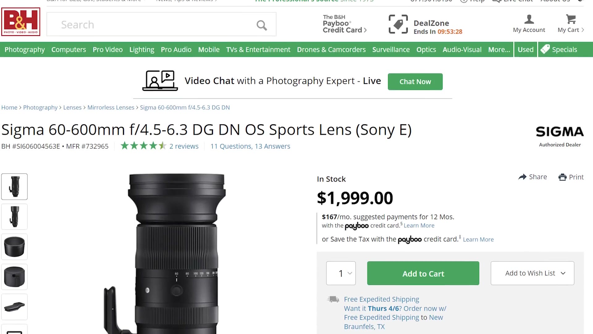 B&H product page for the Sigma 60-600mm f/4.5-6.3 DG DN OS Sports lens at $1,999
