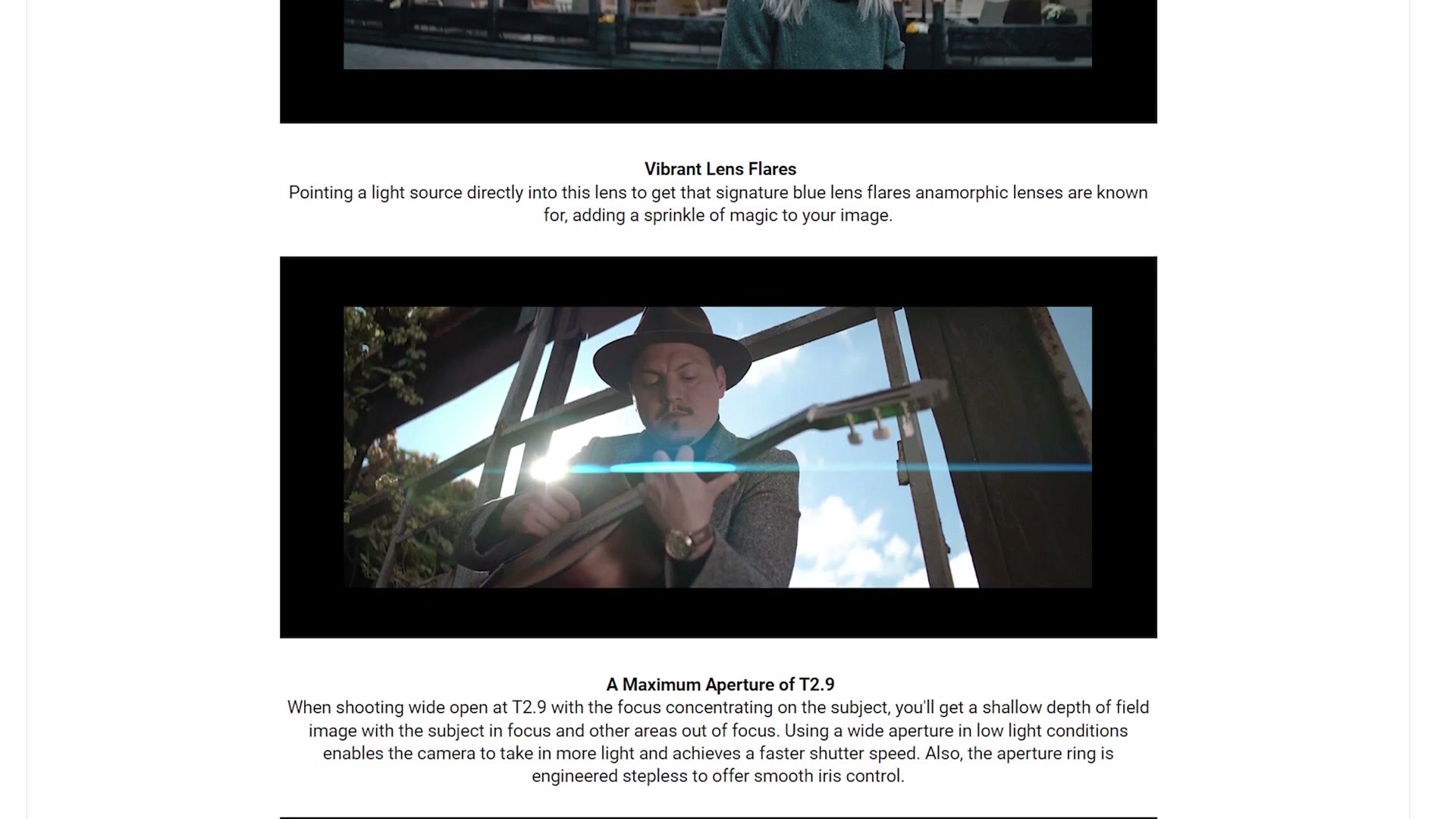 Sirui product page section describing vibrant lens flare and the T2.9 maximum aperture