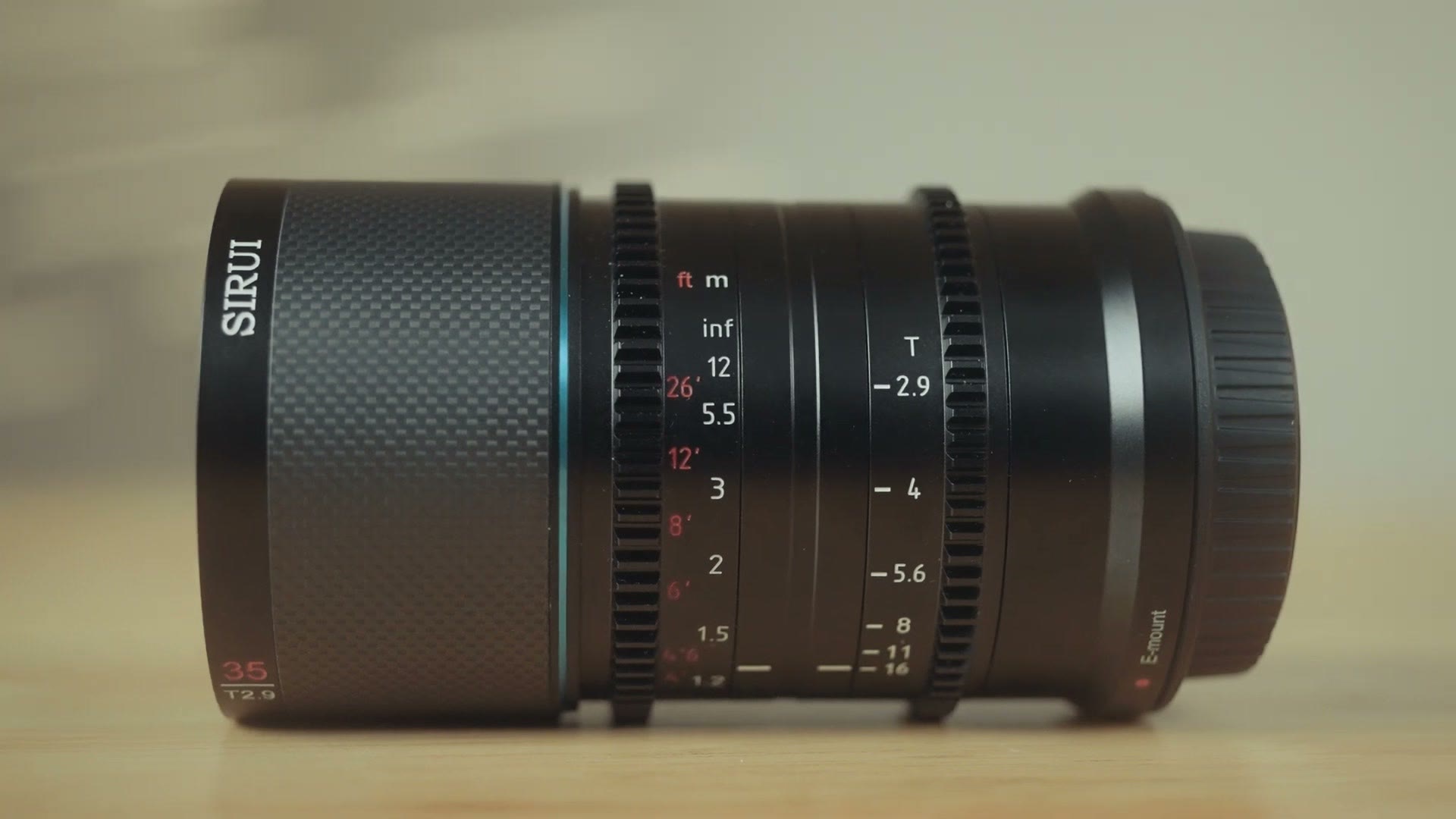 Close up of the Sirui Saturn 35mm showing the focus distance scale and T2.9 aperture markings