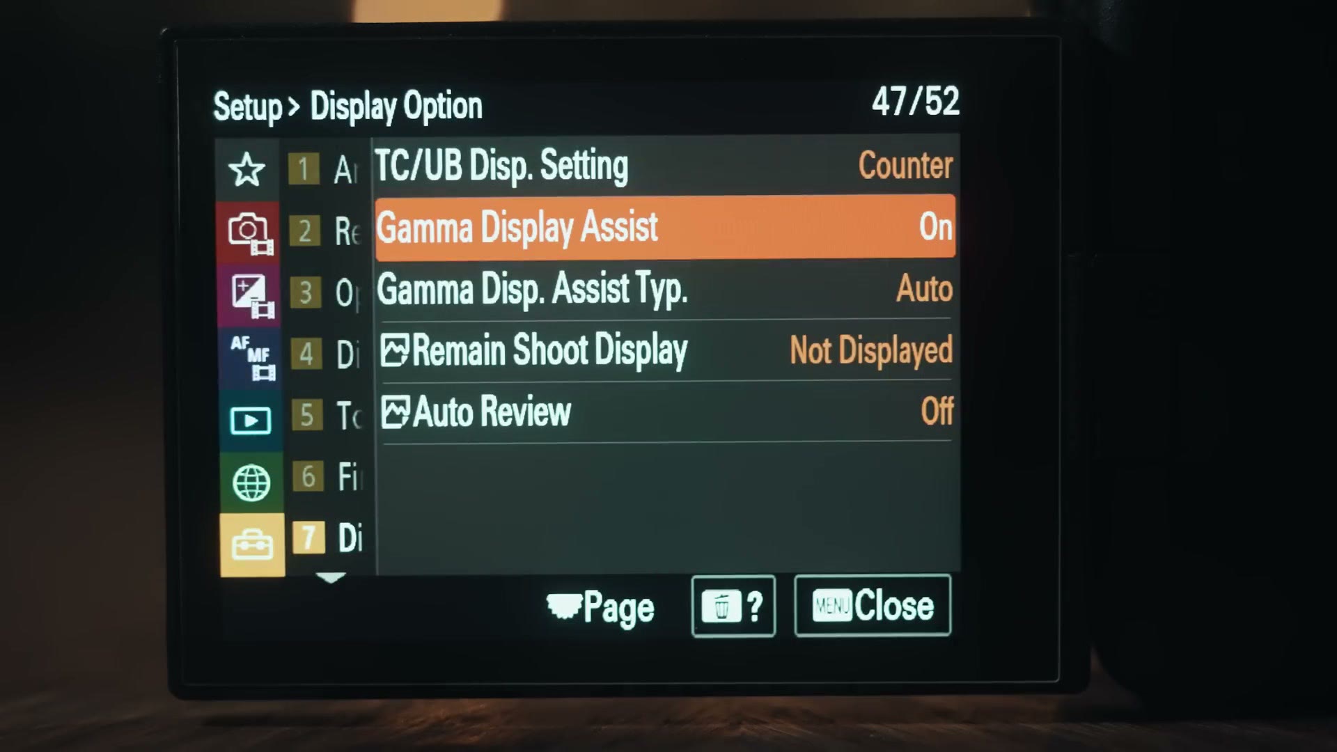 The Sony Display Option menu with Gamma Display Assist set to On and Gamma Disp. Assist Type set to Auto.