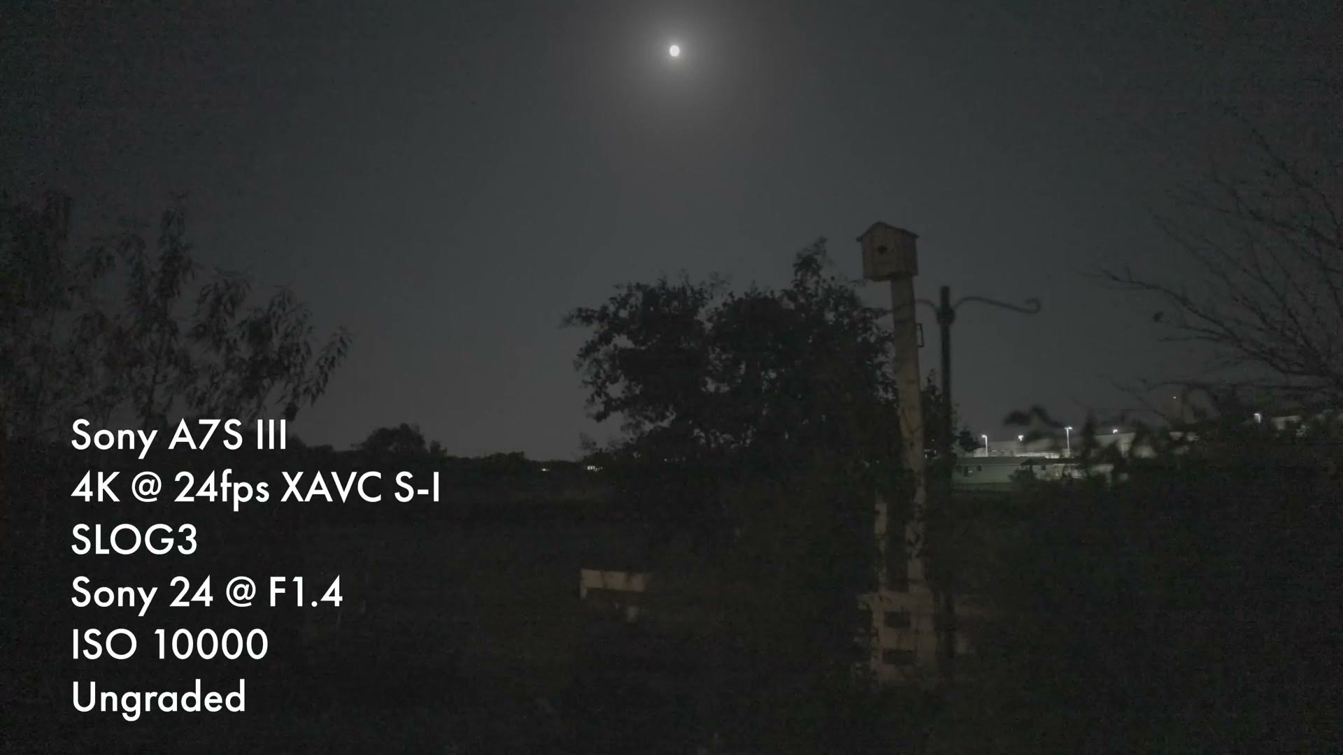 An ungraded night test shot of a birdhouse and trees, overlaid with Sony A7S III, 4K at 24fps XAVC S-I, SLOG3, Sony 24 at F1.4, ISO 10000.
