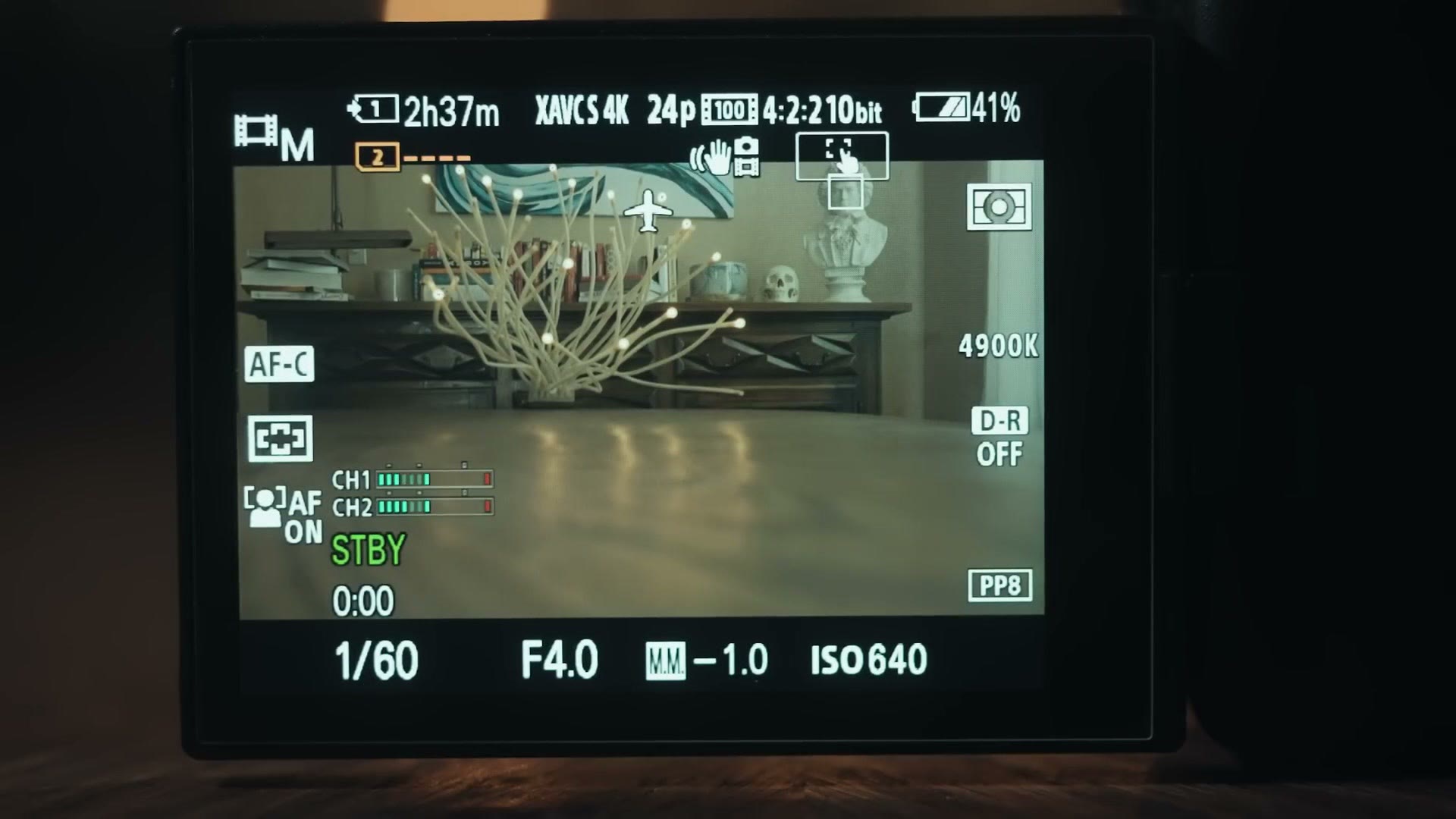 The Sony a7S III live view showing shutter speed 1/60, aperture F4.0, the MM metering readout and ISO 640, with PP8 in the corner.