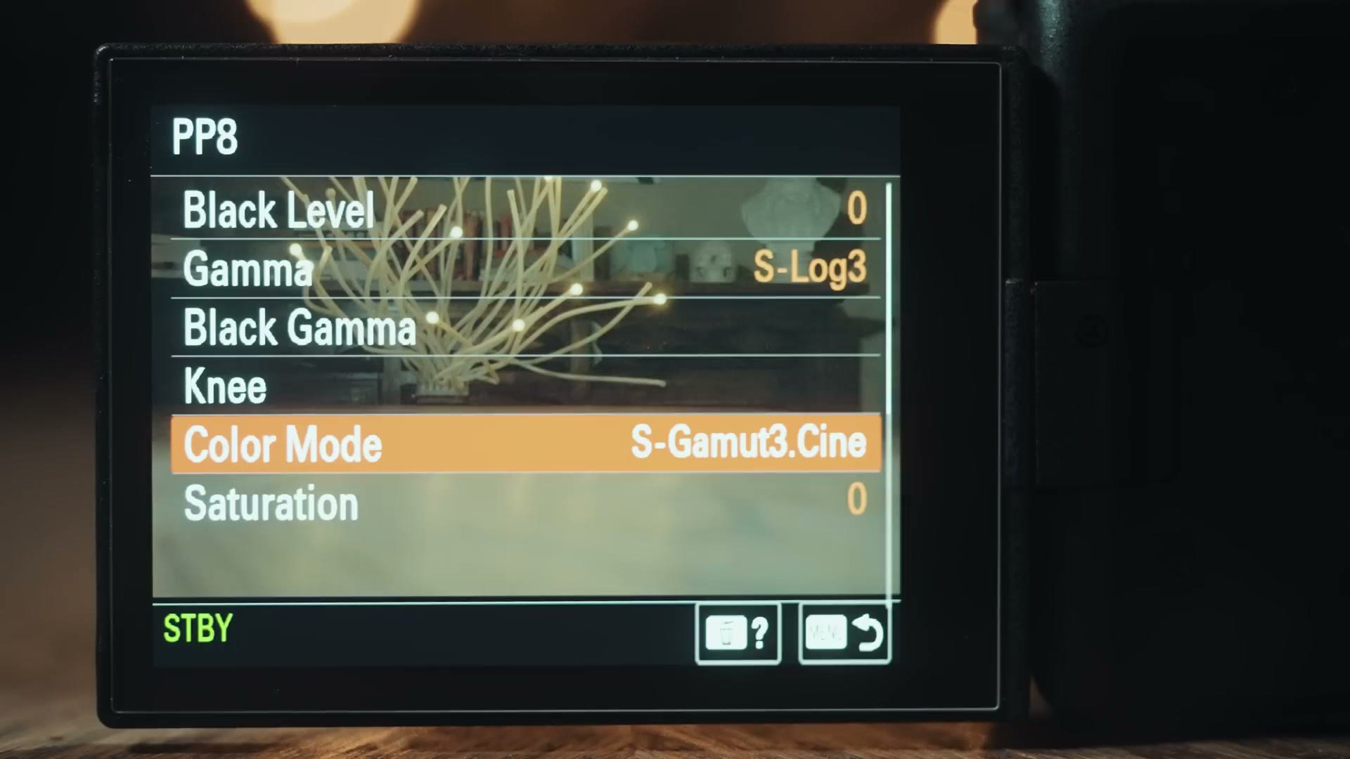 The same PP8 menu with Color Mode highlighted and set to S-Gamut3.Cine.