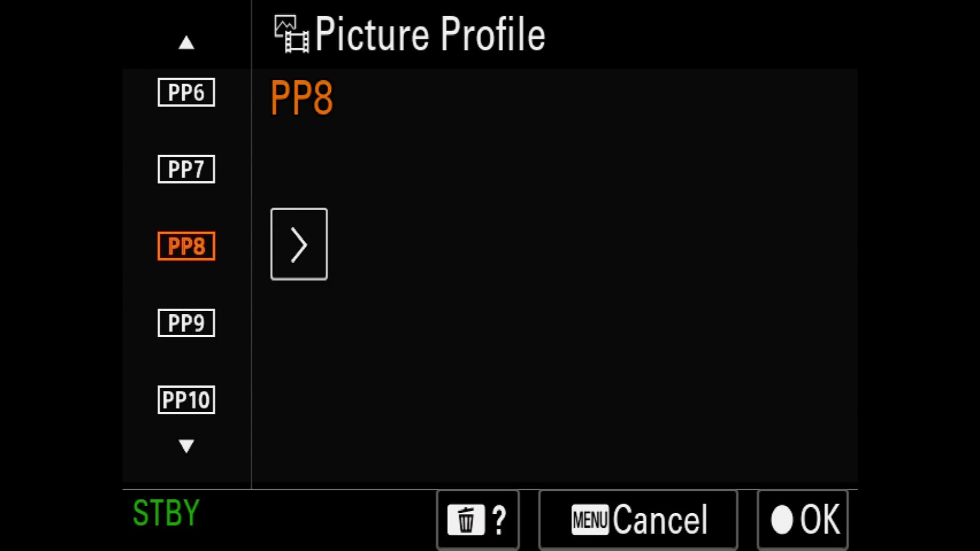 The Sony a7S III picture profile list with PP8 highlighted in orange