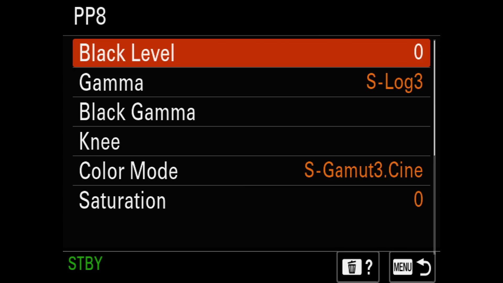 The PP8 settings page showing Black Level 0, Gamma S-Log3, Black Gamma, Knee, Color Mode S-Gamut3.Cine and Saturation 0