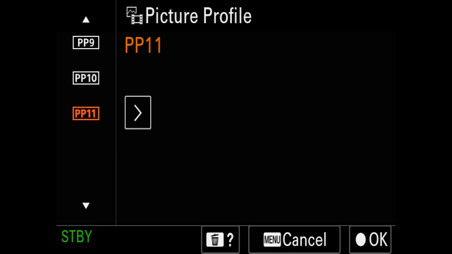 The Sony a7S III picture profile list with PP11 highlighted in orange