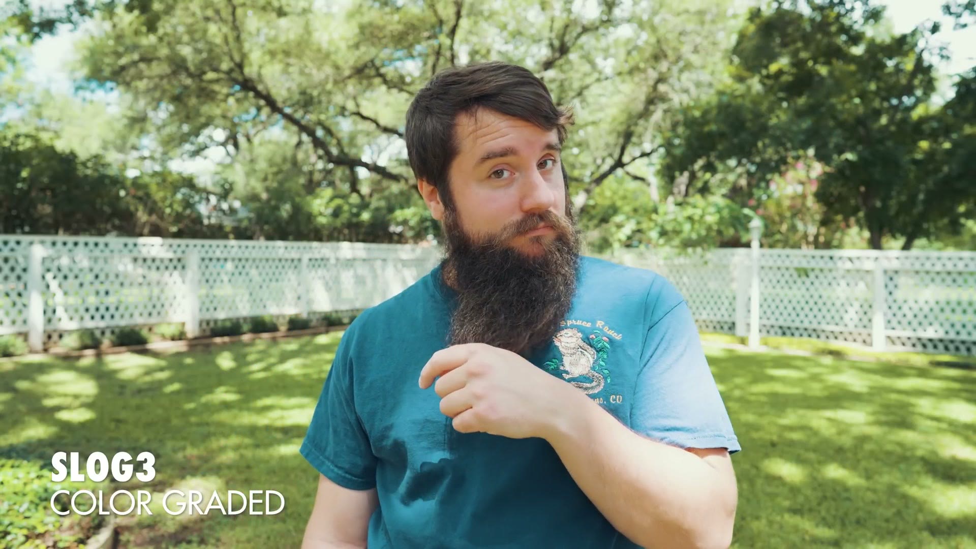 The same backyard shot with a color grade applied, greens and skin tones brought up, labelled SLOG3 COLOR GRADED