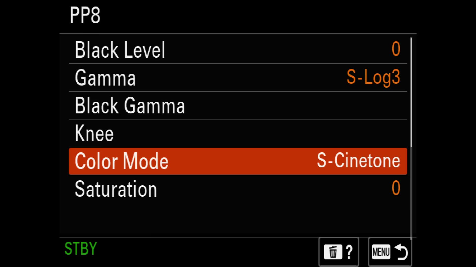 The PP8 settings page with Gamma still set to S-Log3 and Color Mode highlighted and changed to S-Cinetone