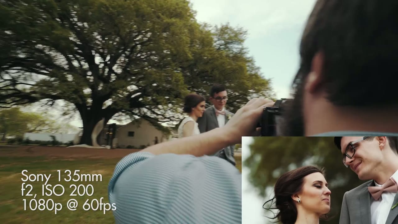 Split screen of Matt shooting a couple with a Sony 135mm lens, overlay reading f2, ISO 200, 1080p at 60fps