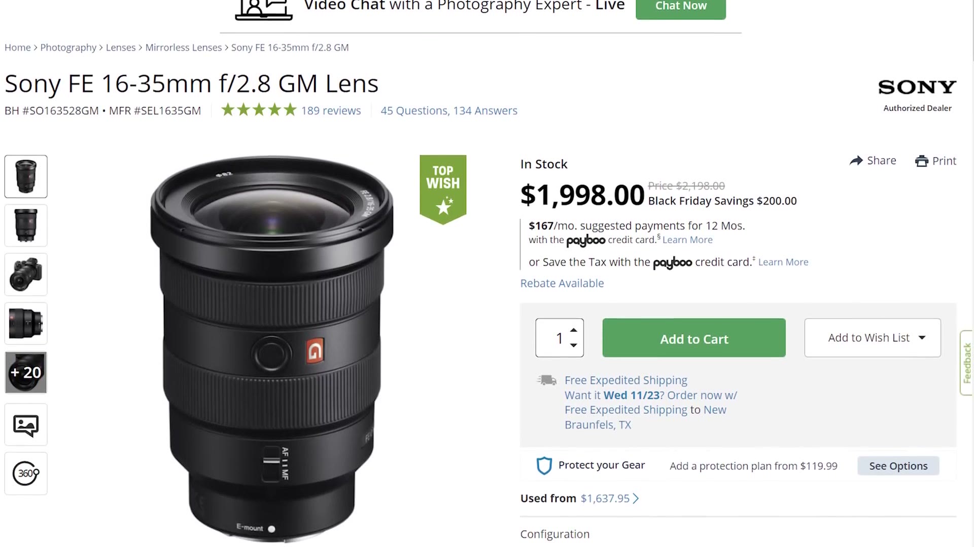 A B&H product page for the Sony FE 16-35mm f/2.8 GM lens priced at $1,998