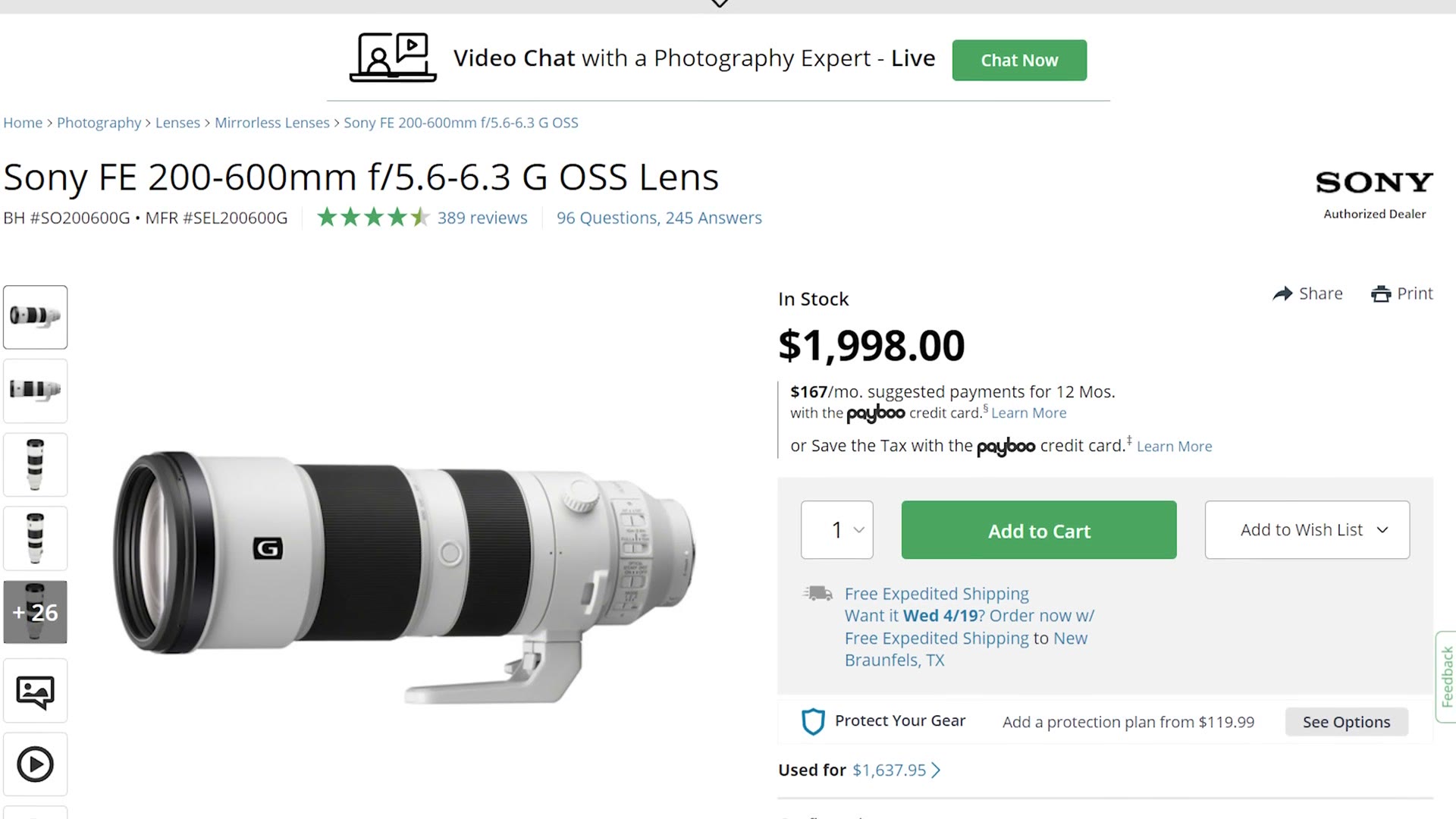 B&H product page for the Sony FE 200-600mm f/5.6-6.3 G OSS lens at $1,998