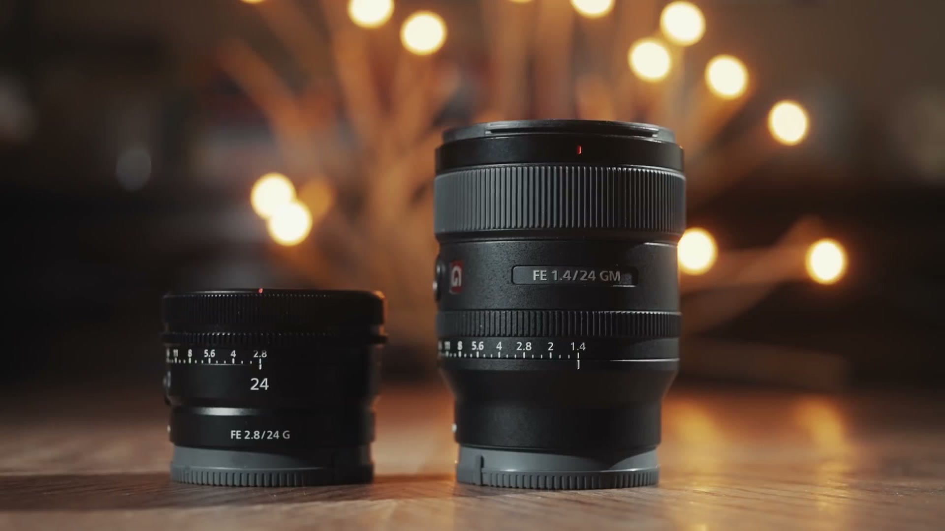 The small Sony 24mm f/2.8 G next to the much larger 24mm f/1.4 GM
