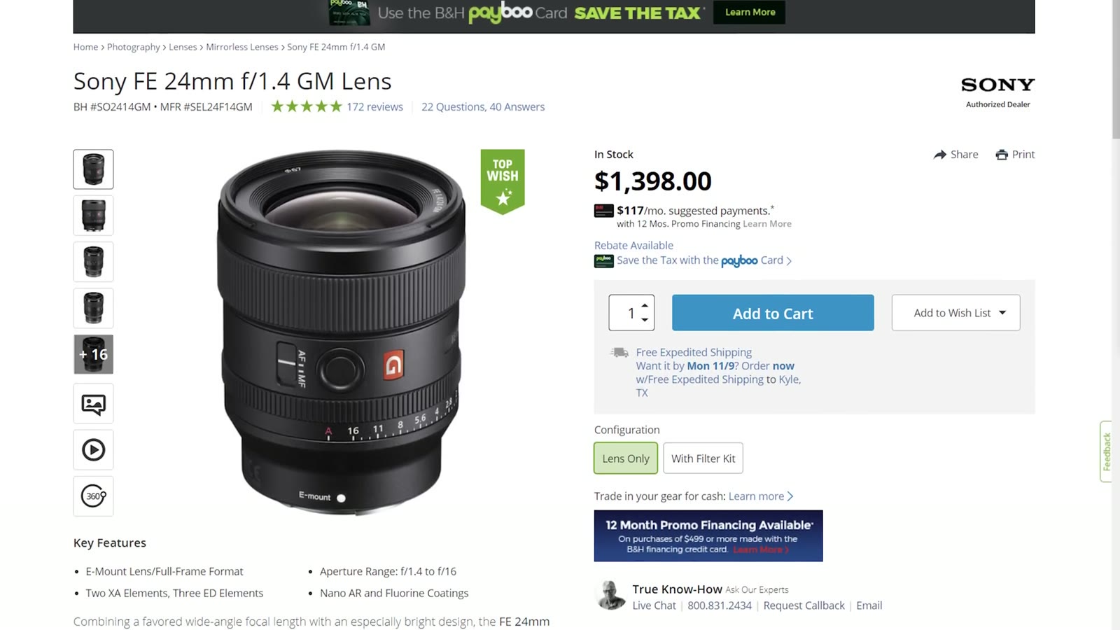 A B and H product page for the Sony FE 24mm f1.4 GM lens showing a price of 1,398 dollars