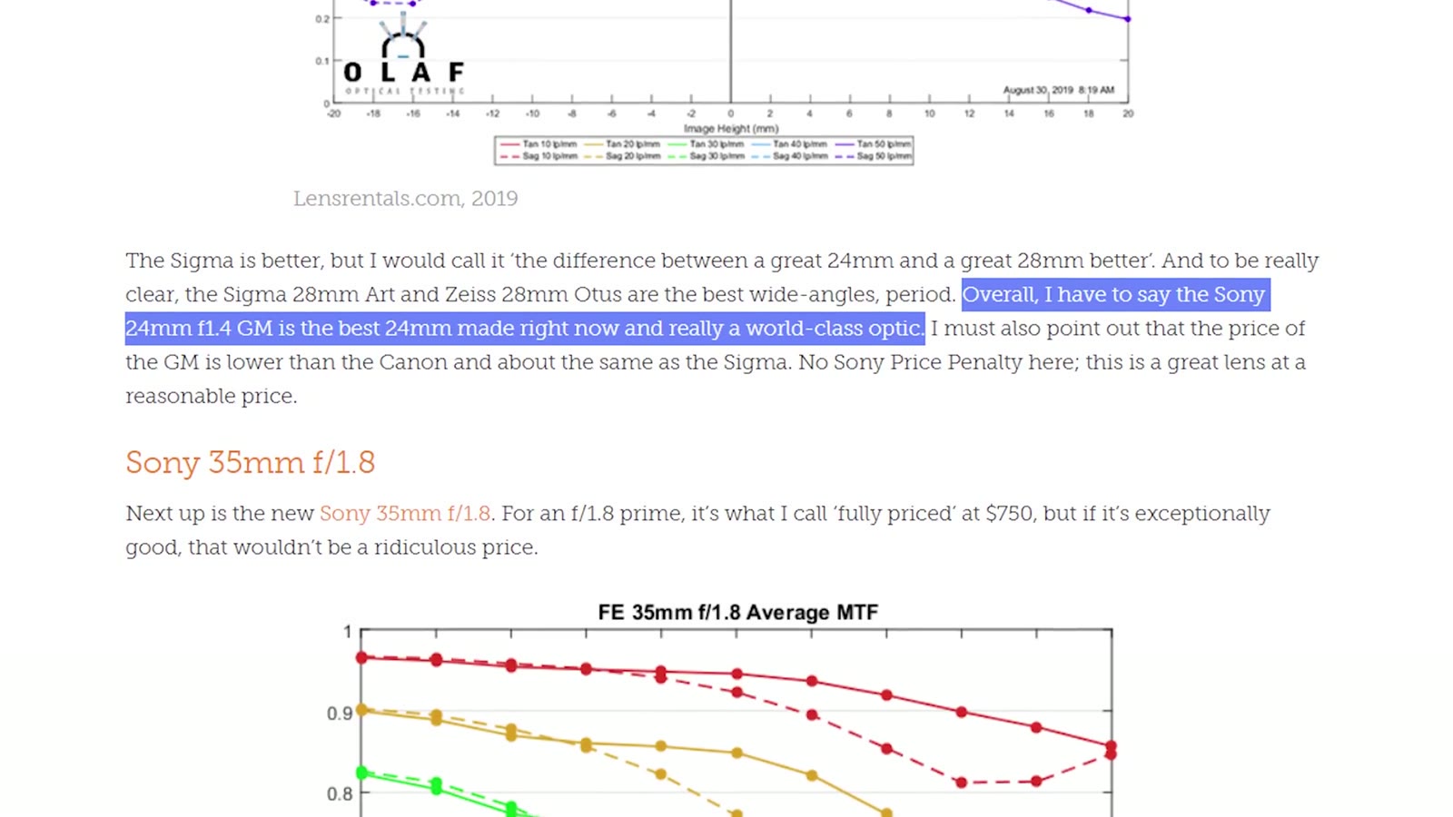 A screenshot of a Lensrentals article about the Sony 24mm f1.4 GM with one sentence of their verdict highlighted in blue