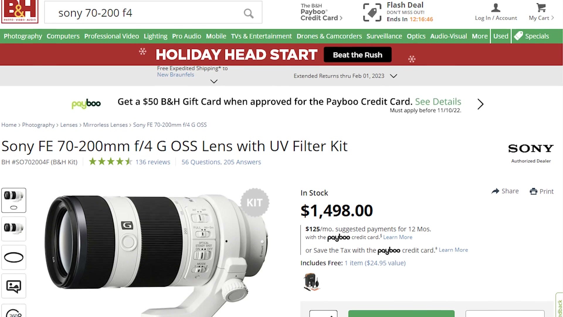 A B&H product page for the Sony FE 70-200mm f/4 G OSS lens priced at $1,498