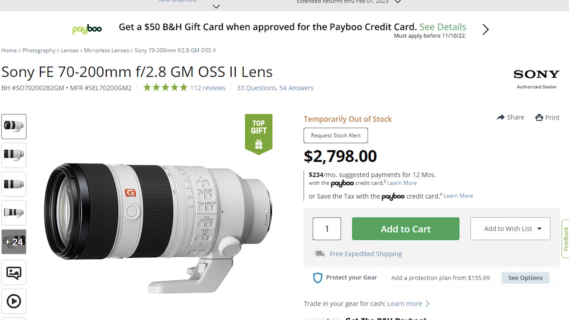 A B&H product page for the Sony FE 70-200mm f/2.8 GM OSS II priced at $2,798