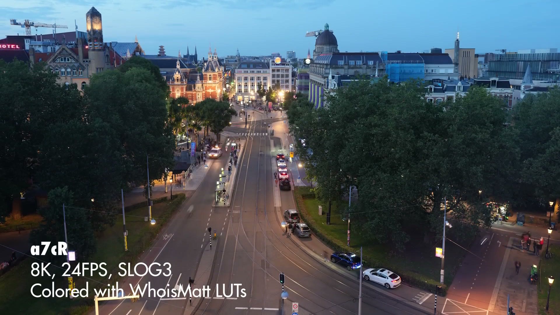 A city at dusk shot at 8K 24fps in S-Log3