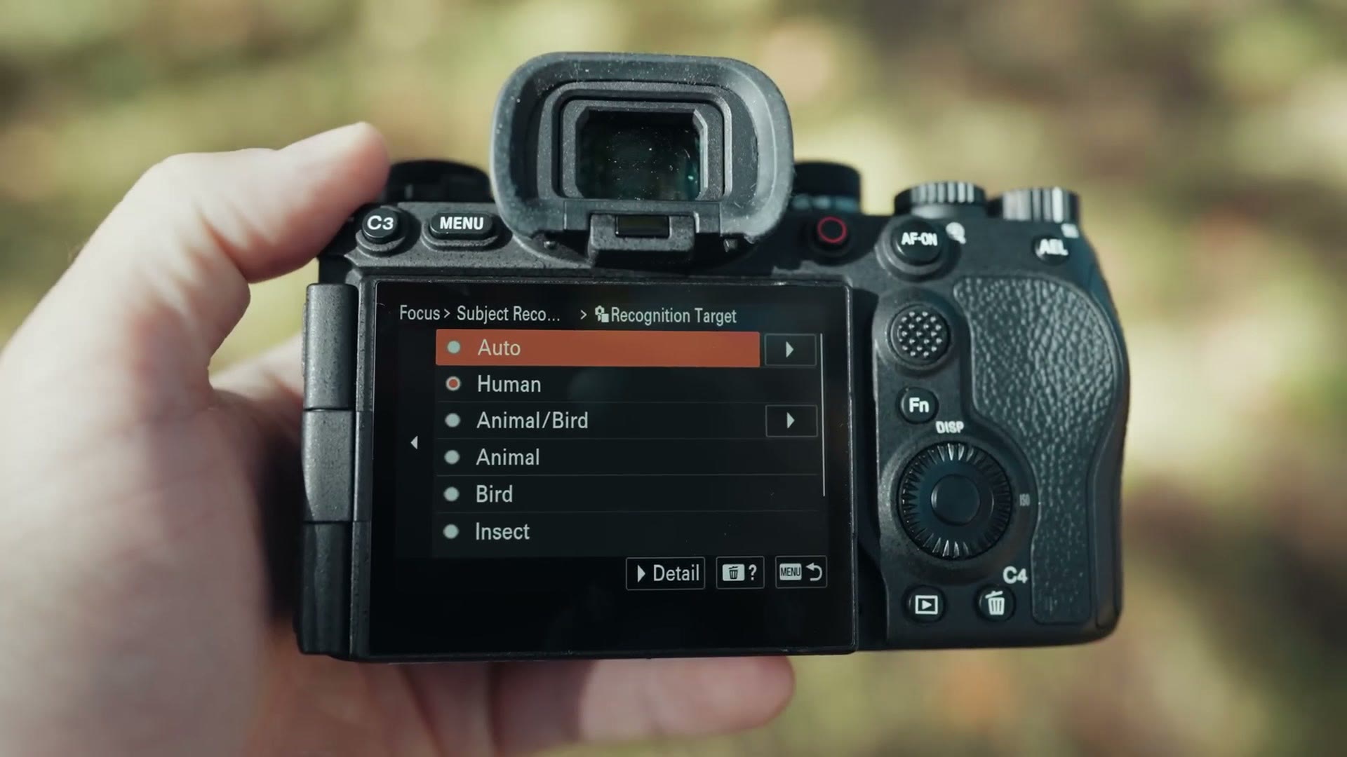 The Sony a1 II menu open to Focus, Subject Recognition, Recognition Target with Auto selected above Human, Animal, Bird and Insect