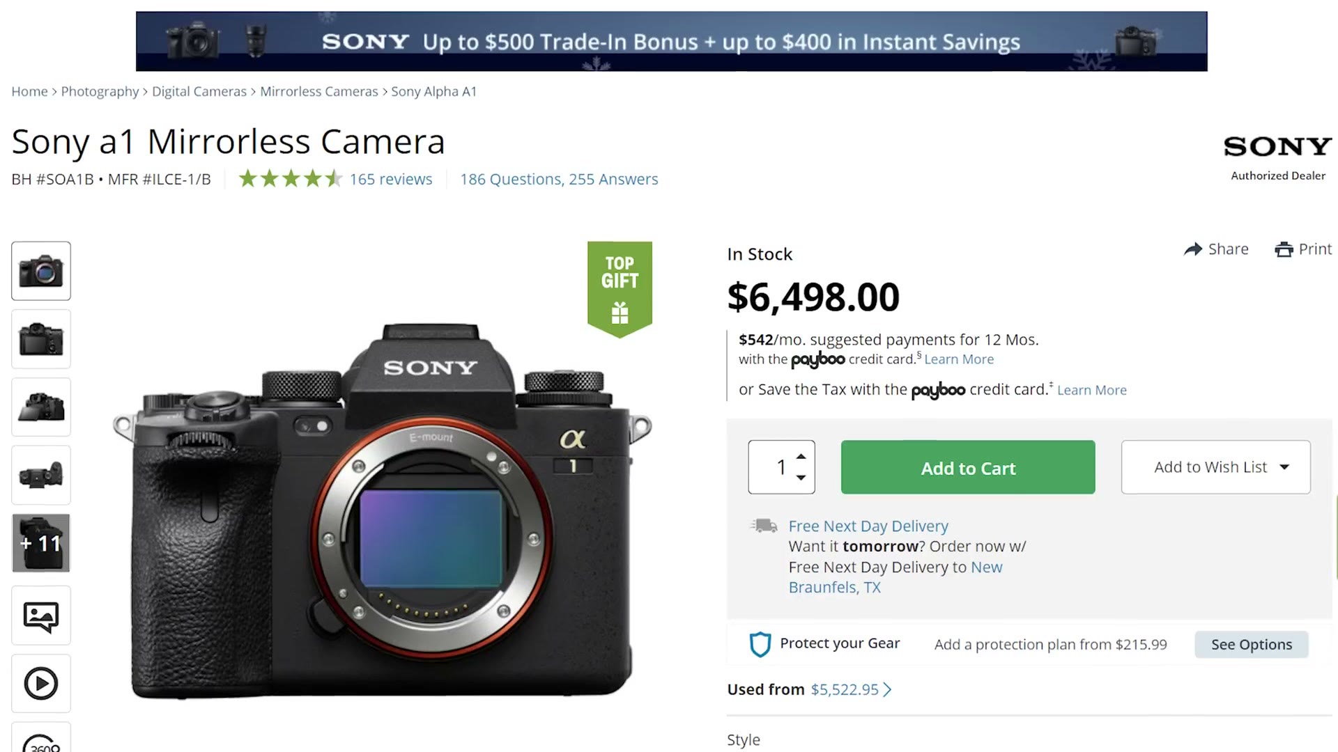 A B&H product page for the Sony a1 mirrorless camera priced at $6,498.00